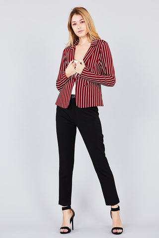 Long sleeve notched collar princess seam w/back slit striped jacket - merchandiserus2