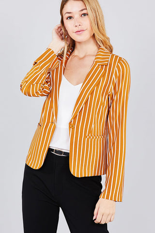 Long sleeve notched collar princess seam w/back slit striped jacket - merchandiserus2