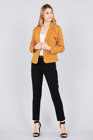 Long sleeve notched collar princess seam w/back slit striped jacket - merchandiserus2