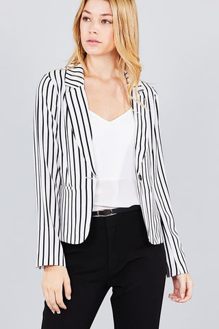 Long sleeve notched collar princess seam w/back slit striped jacket - merchandiserus2