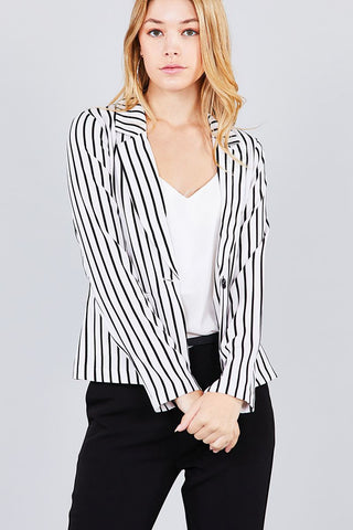 Long sleeve notched collar princess seam w/back slit striped jacket - merchandiserus2
