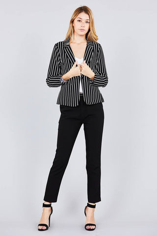 Long sleeve notched collar princess seam w/back slit striped jacket - merchandiserus2