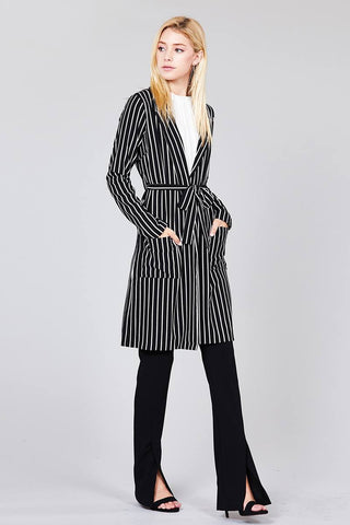 Long sleeve notched collar open front striped long jacket - merchandiserus2