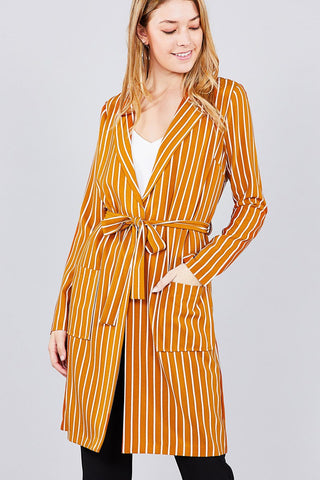 Long sleeve notched collar open front striped long jacket - merchandiserus2