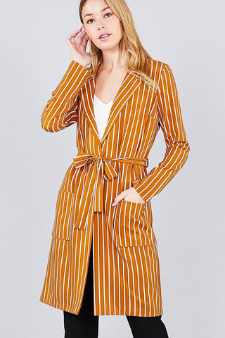 Long sleeve notched collar open front striped long jacket - merchandiserus2
