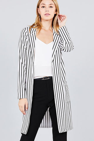 Long sleeve notched collar open front striped long jacket - merchandiserus2