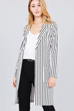 Long sleeve notched collar open front striped long jacket - merchandiserus2