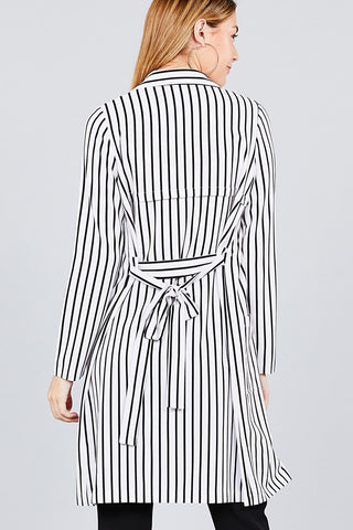 Long sleeve notched collar open front striped long jacket - merchandiserus2