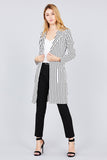 Long sleeve notched collar open front striped long jacket - merchandiserus2