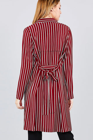 Long sleeve notched collar open front striped long jacket - merchandiserus2