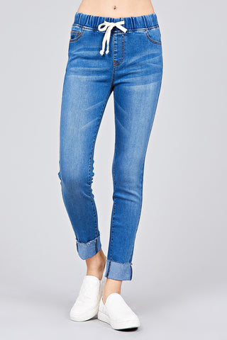 Waist drawstring roll cuff detail washed denim jogger skinny pants