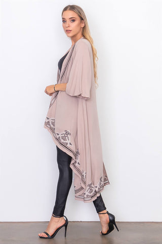 Taupe crochet trim long kimono - merchandiserus2