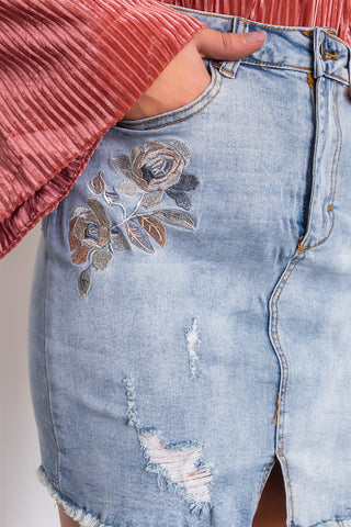 Denim floral embroidered distressed mini skirt