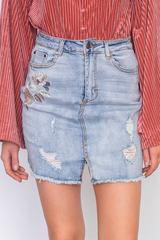 Denim floral embroidered distressed mini skirt
