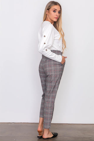 Black and red print front waist tie straight pants