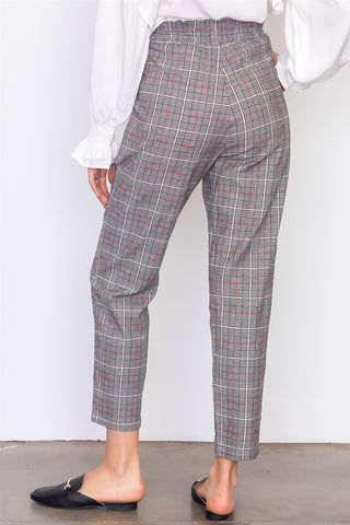 Black and red print front waist tie straight pants