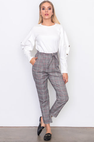 Black and red print front waist tie straight pants