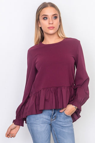 Contrast woven ruffle sleeve round neck top - merchandiserus2