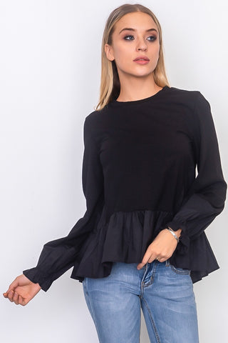 Contrast woven ruffle sleeve round neck top - merchandiserus2