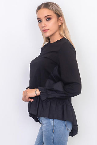 Contrast woven ruffle sleeve round neck top - merchandiserus2