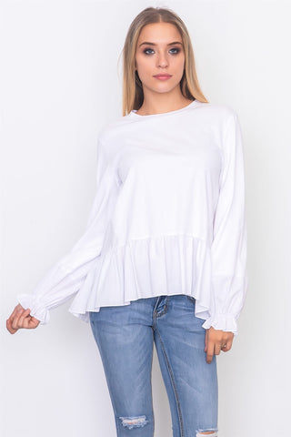 Contrast woven ruffle sleeve round neck top - merchandiserus2
