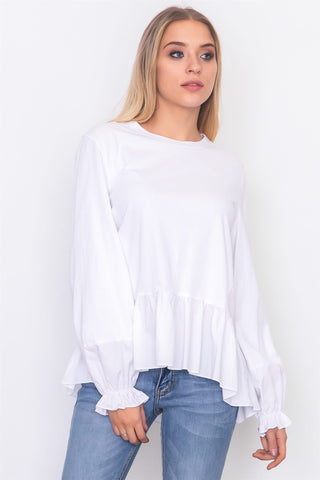Contrast woven ruffle sleeve round neck top - merchandiserus2
