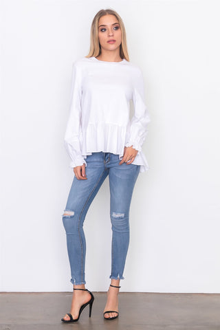 Contrast woven ruffle sleeve round neck top - merchandiserus2