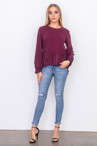 Contrast woven ruffle sleeve round neck top - merchandiserus2