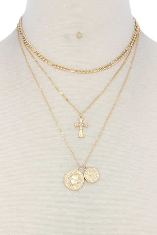 Cross charm layered metal necklace