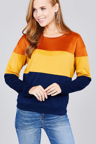Long sleeve round neck color block pattern brushed french terry top