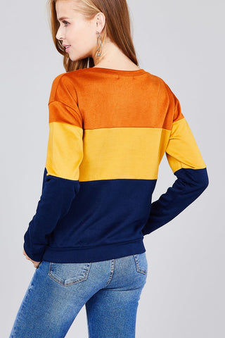Long sleeve round neck color block pattern brushed french terry top