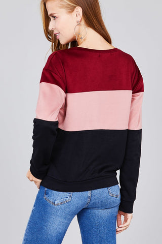 Long sleeve round neck color block pattern brushed french terry top