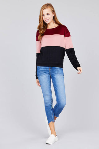 Long sleeve round neck color block pattern brushed french terry top