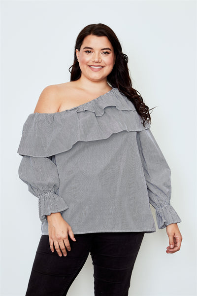 Plus size black one shoulder ruffle layer top