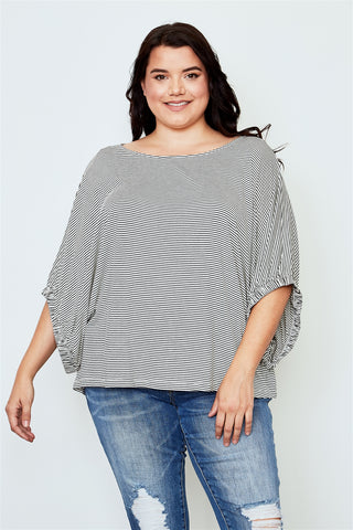Plus size white stripe print batwing sleeves top