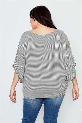 Plus size white stripe print batwing sleeves top