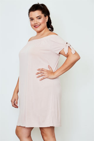 Plus size peach off the shoulder tie sleeves mini dress