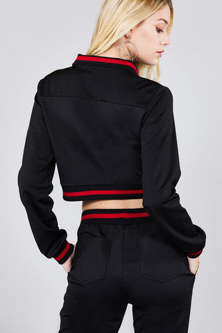 Contrast stripe patch pocket jacket and drawstring waist jogger pants set