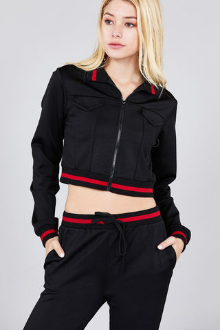 Contrast stripe patch pocket jacket and drawstring waist jogger pants set