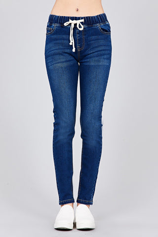 Waist drawstring washed denim jogger skinny pants