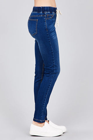 Waist drawstring washed denim jogger skinny pants