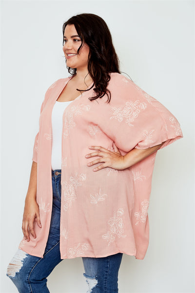 Plus Size Coral Open Front Floral Embroidered Kimono