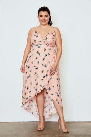 Plus Size Peach Flower Print Hi-low Wrap Midi Dress