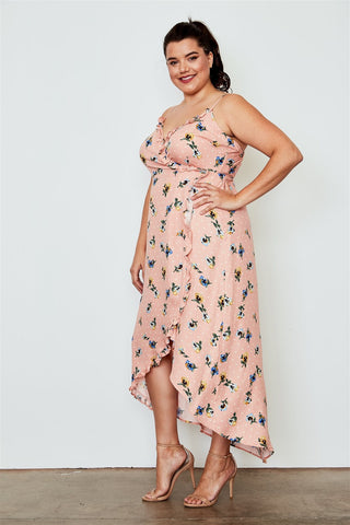 Plus Size Peach Flower Print Hi-low Wrap Midi Dress