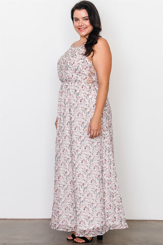 Plus Size Off White Floral Print Side Lace Up Maxi Dress