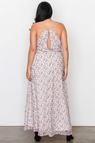 Plus Size Off White Floral Print Side Lace Up Maxi Dress