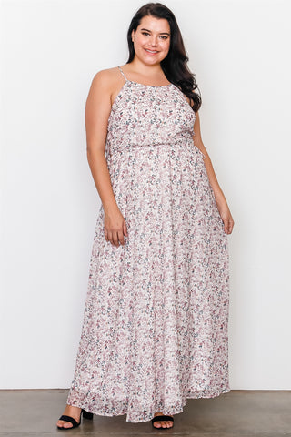 Plus Size Off White Floral Print Side Lace Up Maxi Dress