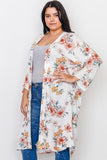 Plus Size Ivory Floral Print Open Front Knee Length Kimono