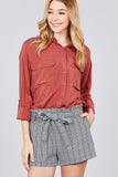 3/4 Roll Up Sleeve Chest Flap Pocket Woven Shirts