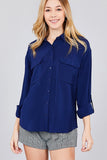 3/4 Roll Up Sleeve Chest Flap Pocket Woven Shirts